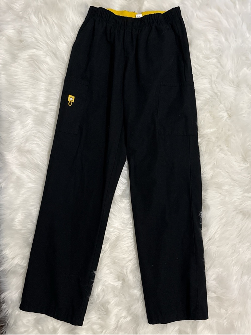 Black Elastic Waist Scrub Pants with Bright Yellow Trim